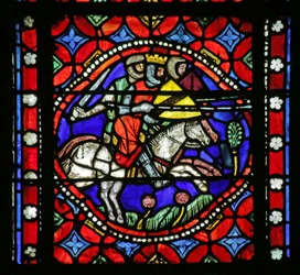 Fenster mit Darstellung einer Szene aus dem Leben des Heiligen Bonnet: König Aripert und sein Gefolge gehen dem Baron entgegen